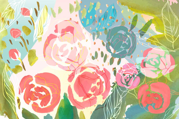 vektor blumenkarte mit hand gezeichneten pastell farbigen blumen, blätter und zweige. üppigen laub und blüten illustration. frühjahr oder sommer romantische design-hintergrund. - rose colored stock-grafiken, -clipart, -cartoons und -symbole