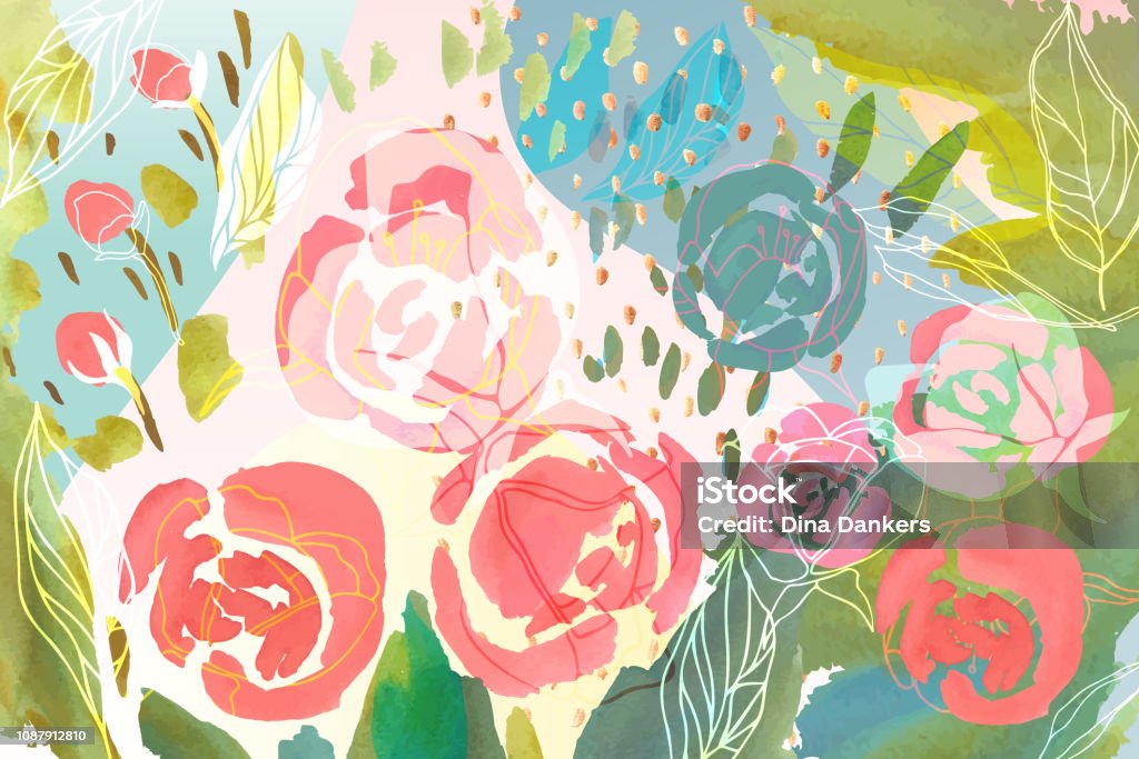 Vetor floral de fundo com cor pastel desenhado de mão flores, folhas e galhos. Exuberante folhagem e flor de ilustração. Primavera ou verão romântico desenha o plano de fundo. - Vetor de Flor royalty-free