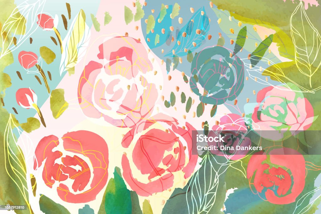Vector floral background with hand drawn pastel colored flowers, leaves and branches . Lush foliage and blossom illustration. Spring or summer romantic design background. Flower stock vector