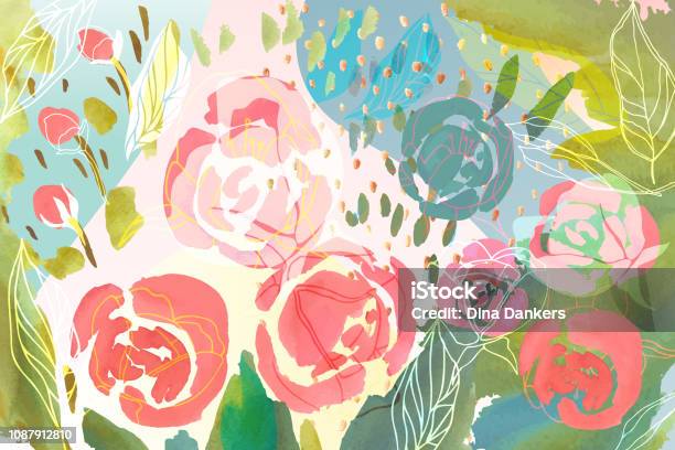 Vector Floral Background With Hand Drawn Pastel Colored Flowers Leaves And Branches Lush Foliage And Blossom Illustration Spring Or Summer Romantic Design Background Stock Illustration - Download Image Now