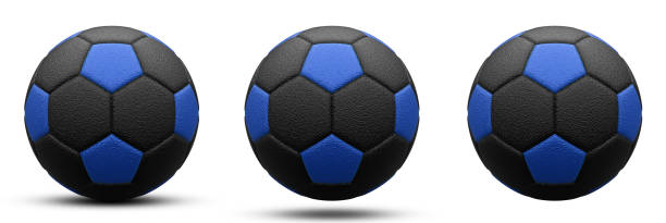istock black and blue soccer ball in three versions, with and without shadow. Isolated on white. 3d render. 1087920064
