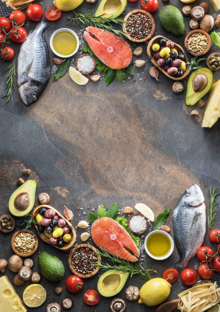 istock Raw dorado fish and salmon steak with spices and vegetables. 1087925636