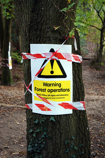 Forestry operations sign on a tree in woodland
