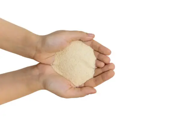 Photo of Semolina in female hands, isolated, close up, macro, top view. Popular flour in cooking. Used for making of pasta or couscous or as baby food.