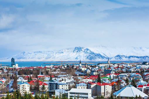 High angle cityscape of Reykjavik the capital of Iceland.