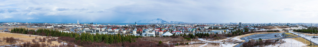 High angle very large panoramic cityscape of Reykjavik the capital of Iceland.
