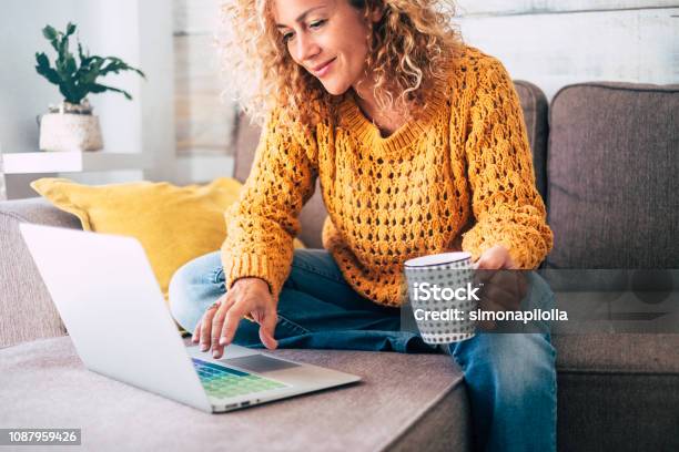 Nice Beautiful Lady With Blonde Curly Hair Work At The Notebook Sit Down On The Sofa At Home Check On Oline Shops For Cyber Monday Sales Technology Woman Concept For Alternative Office Freelance Stock Photo - Download Image Now