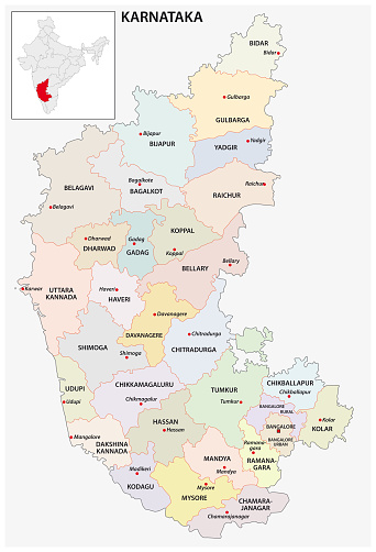 administrative and political map of indian state of karnataka, india