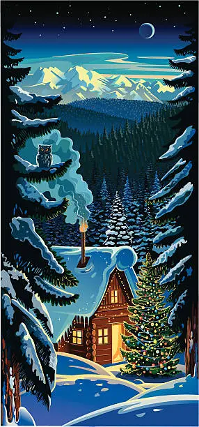 Vector illustration of Winter forest landscape, with a hut and Christmas tre