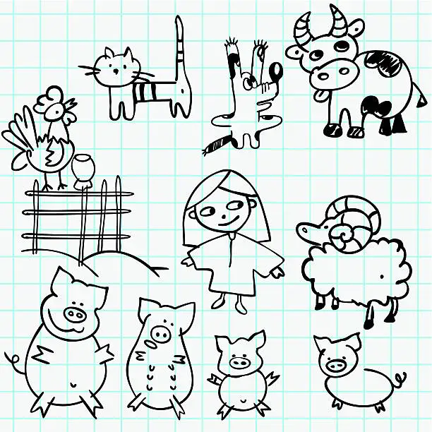 Vector illustration of Girl and farm animals doodles