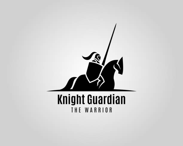 ilustrações de stock, clip art, desenhos animados e ícones de knight with shield and spear on a horse - vector silhouette - medieval knight helmet suit of armor