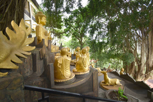 la statue du bouddha assis les jambes croisées sur la fleur de lotus présentant des enseignements à ses étudiants à vihara arama de ratanavana, lasem, central java, indonésie - teachings photos et images de collection