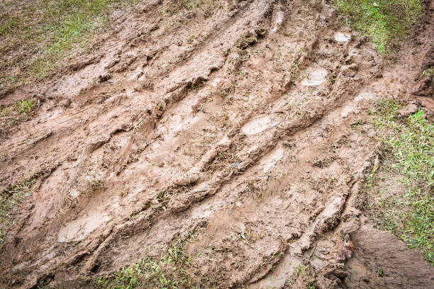 trilha de roda na lama / enlameada com roda pneu faixas sujo de carro no piso de solo de lama - mud car wet horizontal - fotografias e filmes do acervo
