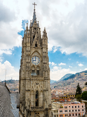 View from a tower of the Basilica of the National Vow (Basílica del Voto Nacional) - a Roman Catholic church located in the historic center of Quito, Ecuador - the largest neo-Gothic basilica in the Americas.