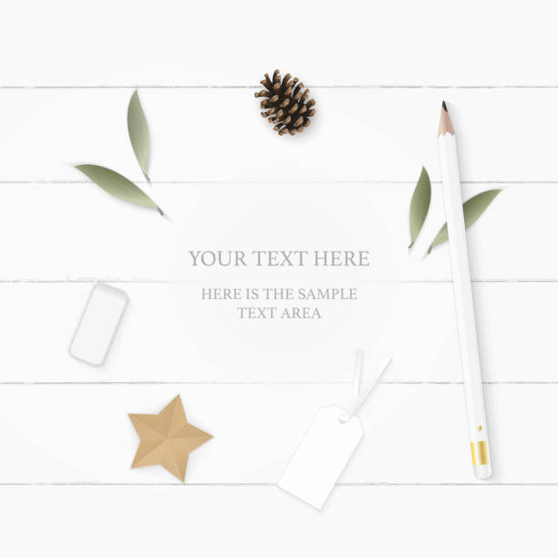 istock Flat lay top view elegant white composition paper leaf pine cone pencil eraser tag and star craft on wooden background 1087997758