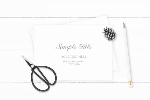 istock Flat lay top view elegant white composition paper pine cone pencil and vintage metal scissors on wooden background 1087997776