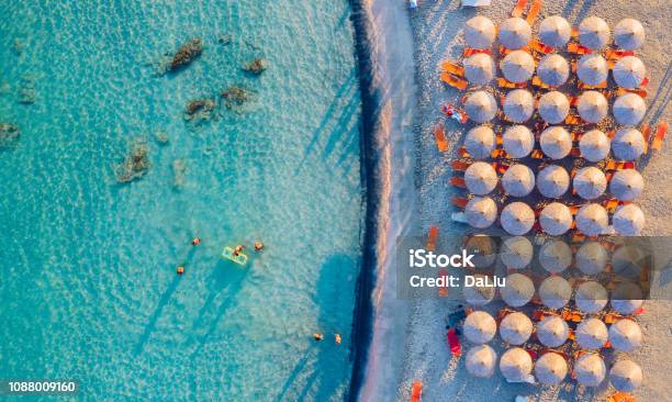 Aerial View Of Beautiful Tropical Elafonissi Beach With Pink Sand View Of A Nice Tropical Beach From The Air Beautiful Sky Sea Resort Seascape Ocean And Beautiful Beach Paradise Elafonissi Beach Crete Greece Stock Photo - Download Image Now