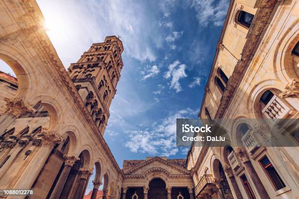 Diocletians Palaces Peristyle In Front Of Cathedral Of Saint Domnius Bell Tower In Split Croatia Diocletian Palace Unesco World Heritage Site In Split Dalmatia Croatia Stock Photo - Download Image Now