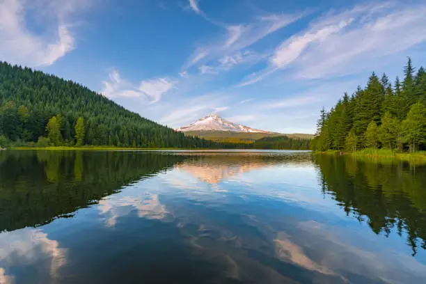Trillium Lake in Oregon at the water's edge of the lake to see Mount Hood peak during sunset. Mount Hood had golden light shining on the peak at sunset. A beautiful sunset at Trillium lake near Portland, Oregon in the Pacific Northwest. Reflections of Mt Hood were seen in Trillium Lake. There were amazing clouds during sunset at Trillium lake with a view of Mount Hood.