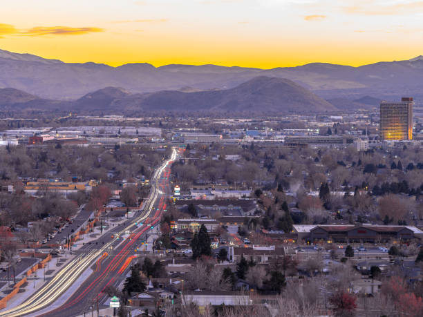 Long exposure City of Sparks, Nevada cityscape at sunset. stock photo