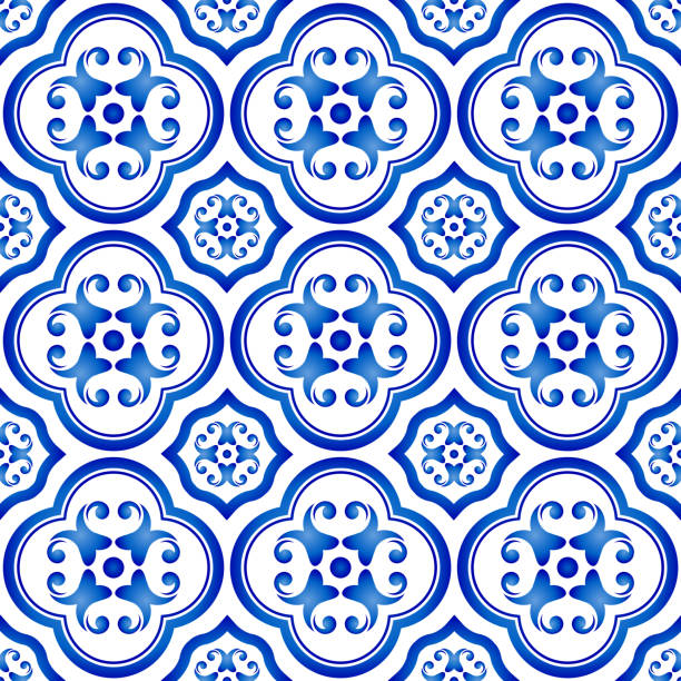 tile pattern vector tile pattern, ceramic decorative blue and white background, Chinese porcelain indigo backdrop decor vector illustration spanish culture illustrations stock illustrations