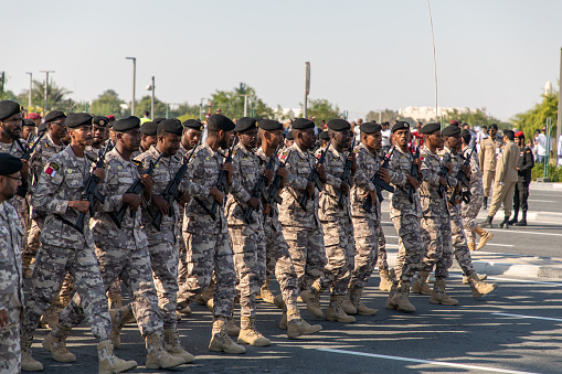 Soldiers at Military Parade on Qatar National Day on the 18th of December 2018 in Doha, Capital City of Qatar. The event is held on December 18th of every year since 2007.