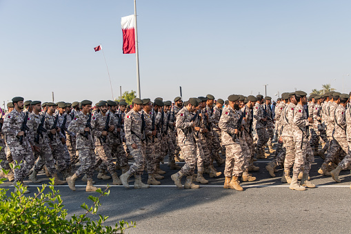 Soldiers at Military Parade on Qatar National Day on the 18th of December 2018 in Doha, Capital City of Qatar. The event is held on December 18th of every year since 2007.
