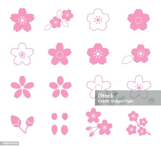 Cherry Blossom Flower Icon Set Stock Illustration - Download Image Now - Cherry Blossom, Cherry Tree, Icon Symbol