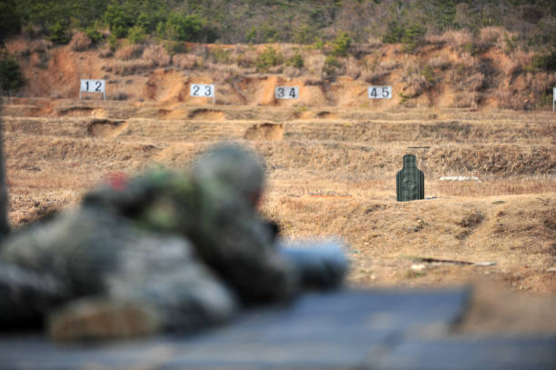 военные стреляют по цели - armed forces human hand rifle bullet стоковые фото и изображения