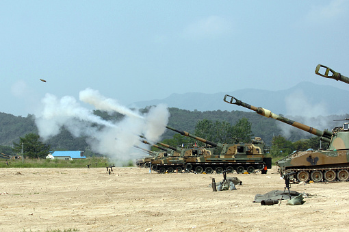 On June 24, 2015, the Republic of Korea army was conducted a K-9 self-propelled gun firing drill at the near DMZ in Cheolwon, Gyeonggi-do Province , South Korea,