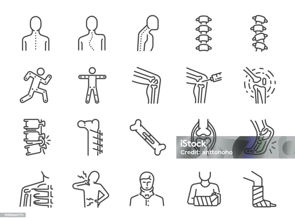 Orthopedics line icon set. Included the icons as osteoarthritis, medical rehab, plantar fasciitis, back injuries, Fracture and more. Icon Symbol stock vector