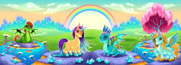 虹とファンタジー動物と夢の風景 - unicorn horse magic fairy tale点のイラスト素材／クリップアート素材／マンガ素材／アイコン素材