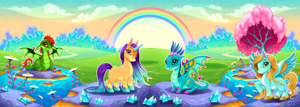istock Landscape of dreams with rainbow and fantasy animals 1088061926