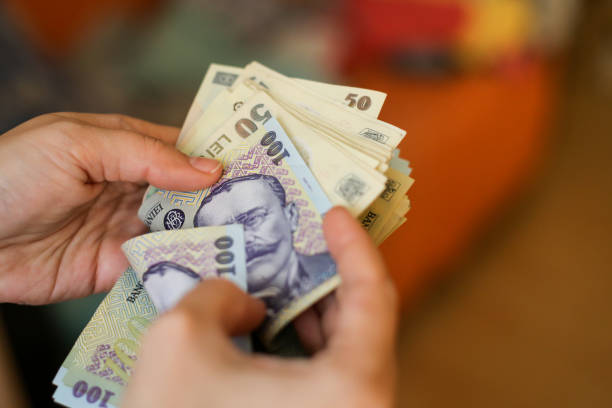 Banknotes of 50 and 100 Romanian Lei currency Details with the hands of a young lady counting banknotes of 50 and 100 Romanian Lei currency bucharest people stock pictures, royalty-free photos & images