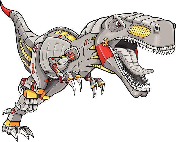 ilustrações de stock, clip art, desenhos animados e ícones de robô de dinossauro tiranossauro - machine teeth