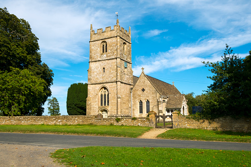 A traditional small Cotswold country church in Long Newnton near Tetbury, Gloucestershire, UK