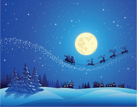 Winter Night Landscape with Santa Flying 