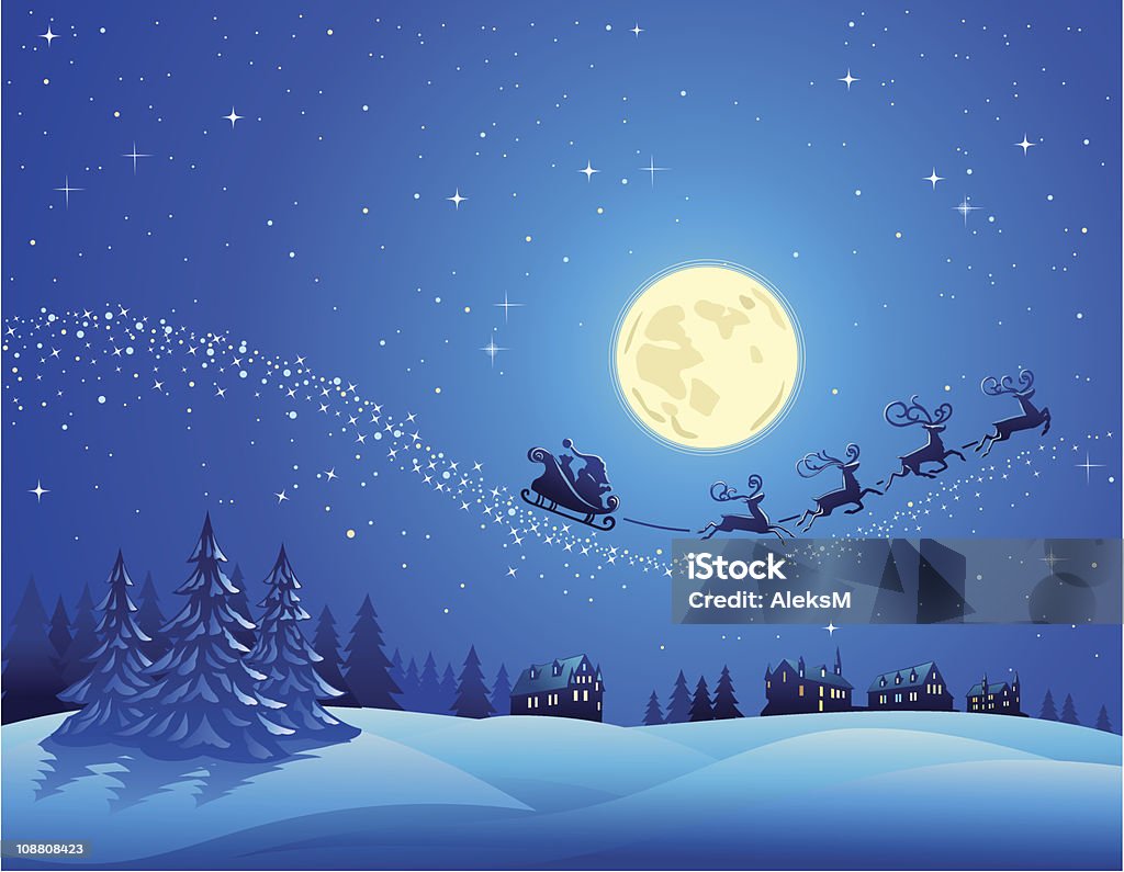 Santa Sleigh Into the Christmas Sky Winter Night Landscape with Santa Flying  Christmas stock vector