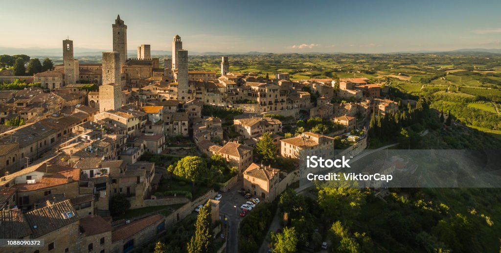 In the very heart of Tuscany - Aerial view of the medieval town of Montepulciano, Italy Montepulciano Stock Photo