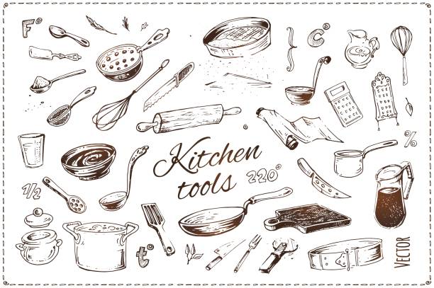 Hand drawn kitchenware vector icons set. Sketch of isolated kitchen tools and elements of cooking for menu design and recipe books. Vintage style illustration Hand drawn kitchen tools isolated vector icons set cooking drawings stock illustrations