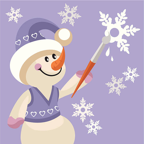 Snowman painter draws snowflakes 17 vector art illustration