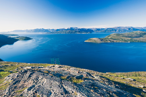 Salmon farms in Norwegian fjord.