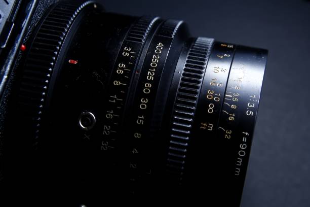 istock Shutterspeed and aperture ring on the lens of a medium format film camera. 1088101114