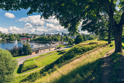 LAPPEENRANTA, FINLAND - AUGUST 8, 2017: View from Lappeenranta fort to city harbour and center at sunny day