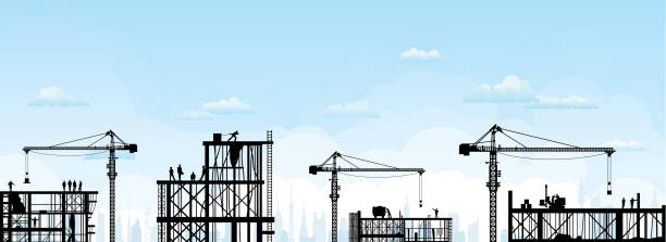 ilustraciones, imágenes clip art, dibujos animados e iconos de stock de andamios - construction worker silhouette people construction