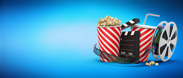 Popcorn with drink, film reel and cinema clap on blue background with copy space, 3D rendering