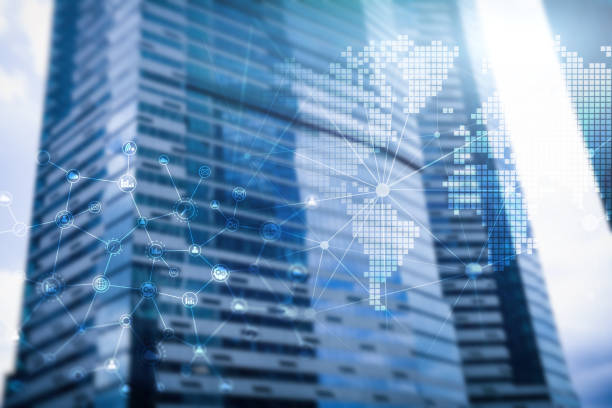 istock Double exposure mixed media. Diagrams, icons and relations structure on hologram screen. Business people and modern city on background. 1088103058