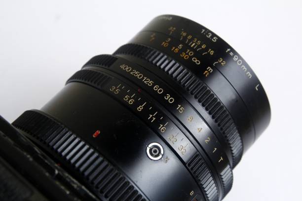 istock Shutterspeed and aperture ring on the lens of a medium format film camera. 1088105460