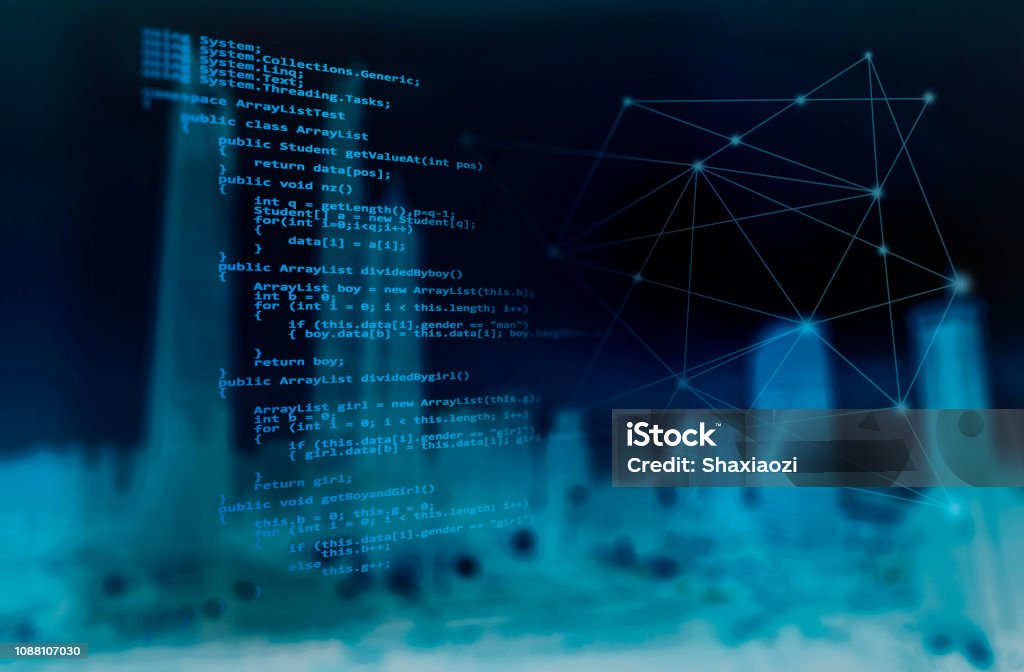 Programming Code And Wireless Technology Background Cityscape Stock ...