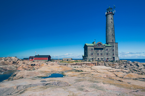 Bengtskar, Finland - July 24, 2017: Bengtskär Lightshouse in Finnish coast, highest lighthouse in Nordic countries.